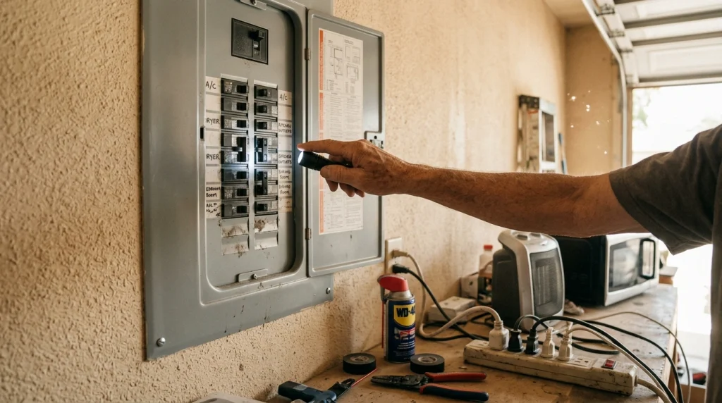 Hand using flashlight to inspect labeled circuit breaker panel in cluttered garage with tools and appliances.