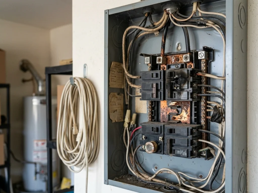 Rusted electrical panel with exposed wires and cobwebs in a Riverside home garage
