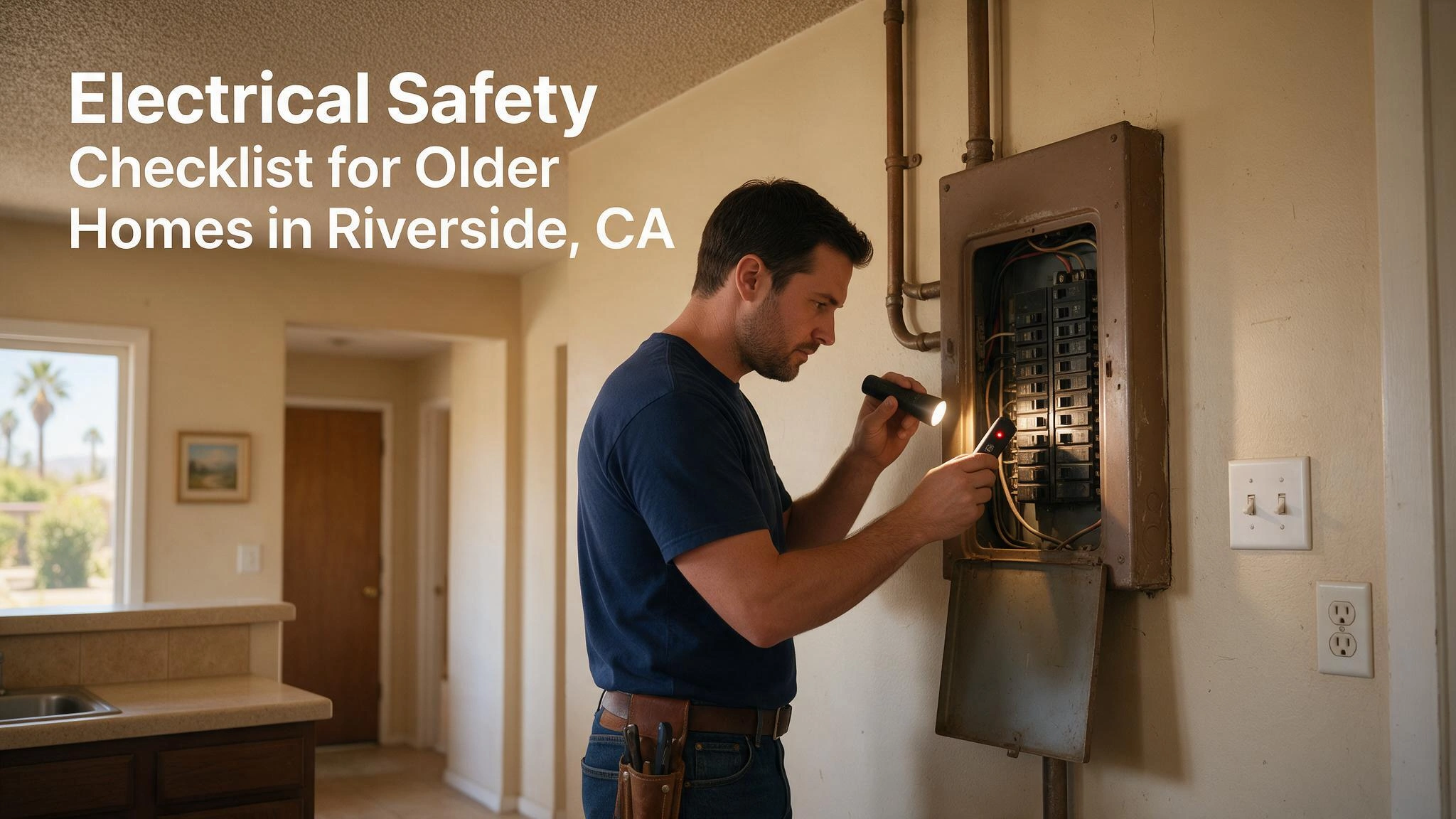 Electrician inspecting an old electrical panel with a flashlight in a Riverside CA home