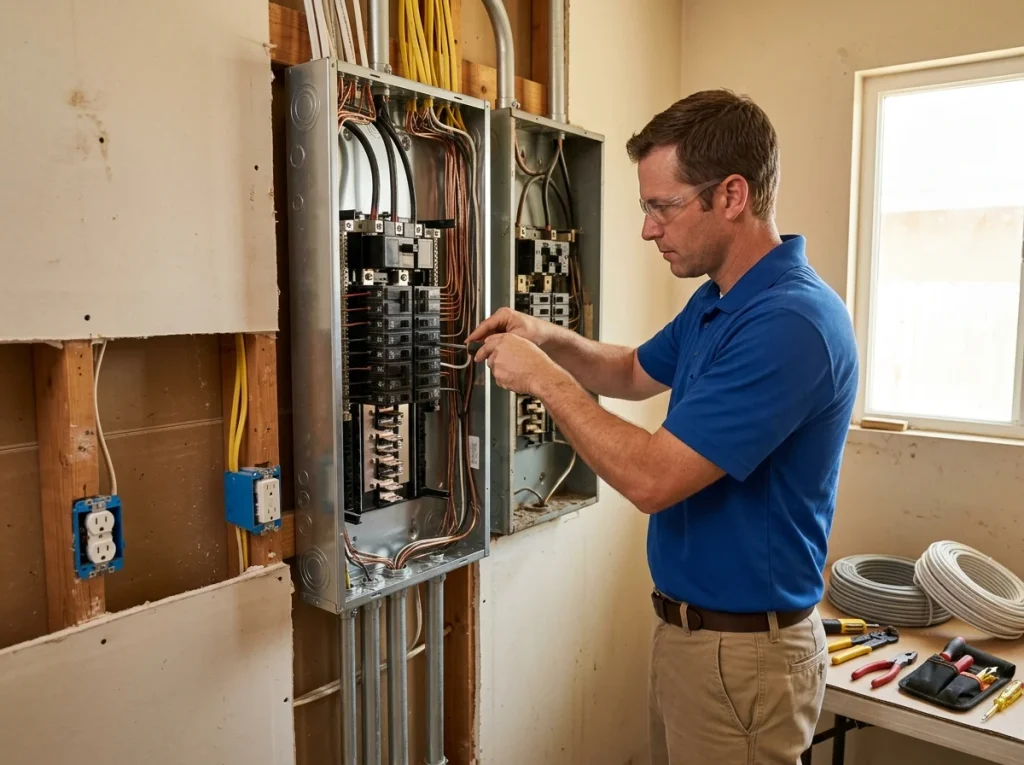 Electrical panel installation with exposed studs, wiring, and outlets in a home