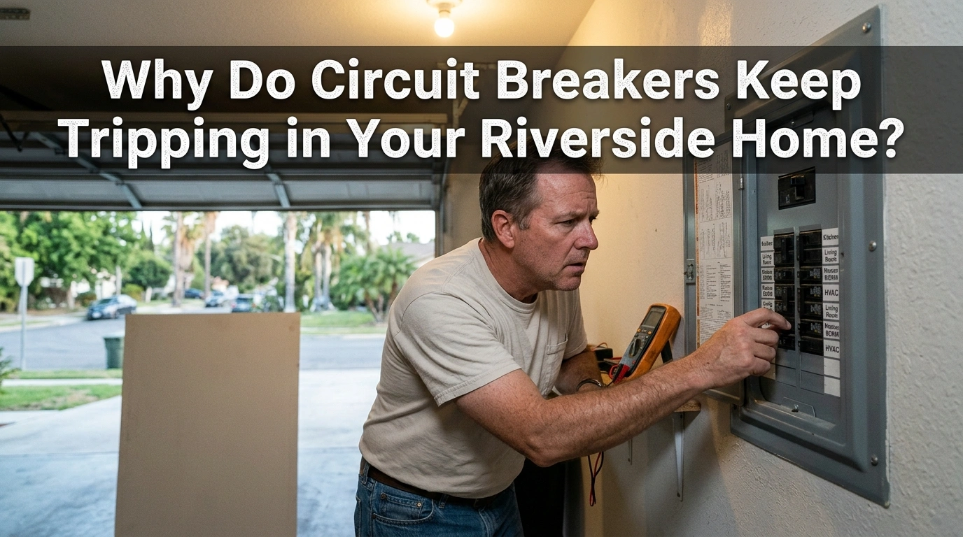 Electrician testing circuit breaker panel with multimeter in garage of Riverside home