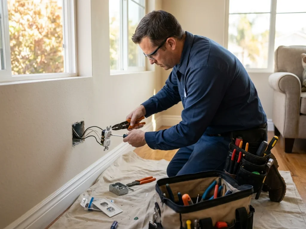 A professional electrician actively connecting wires to a new wall outlet using hand tools, demonstrating the skilled workmanship involved in residential outlet installation.