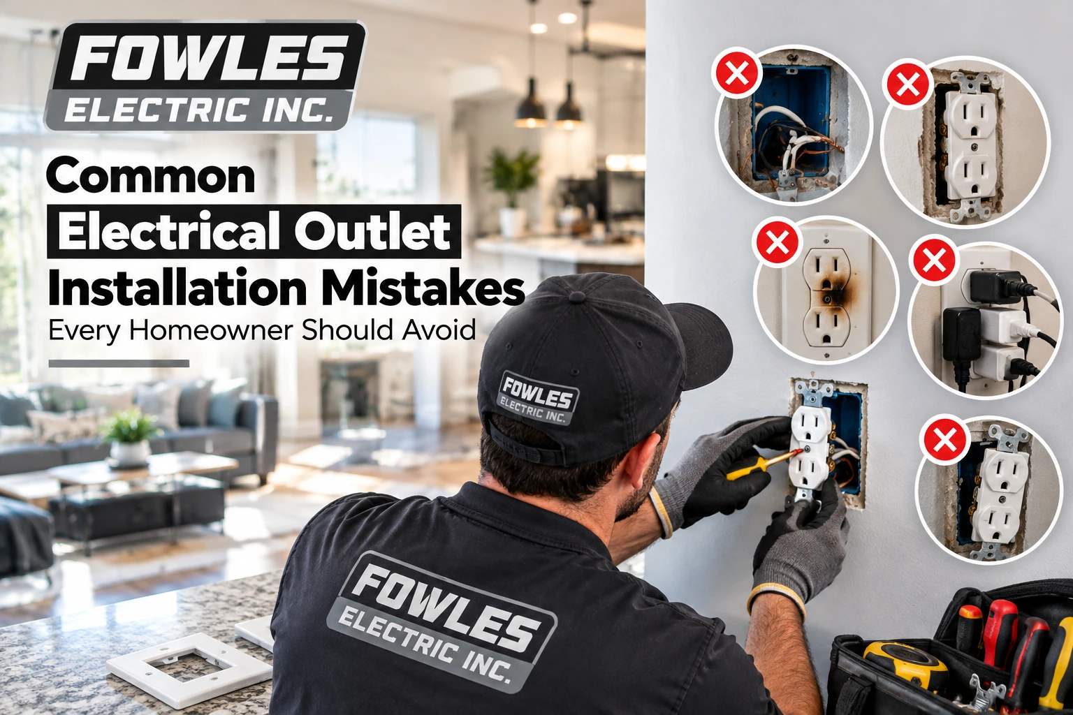 Electrical outlet installation mistakes illustrated alongside loose wiring, incorrect mounting, missing cover plates, and an electrical safety checklist.