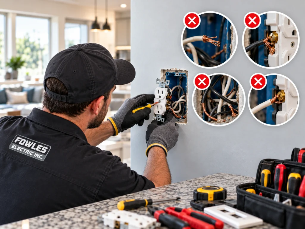 Close-up of electrical outlet wiring with loose copper connections and four warning illustrations showing common residential wiring mistakes.