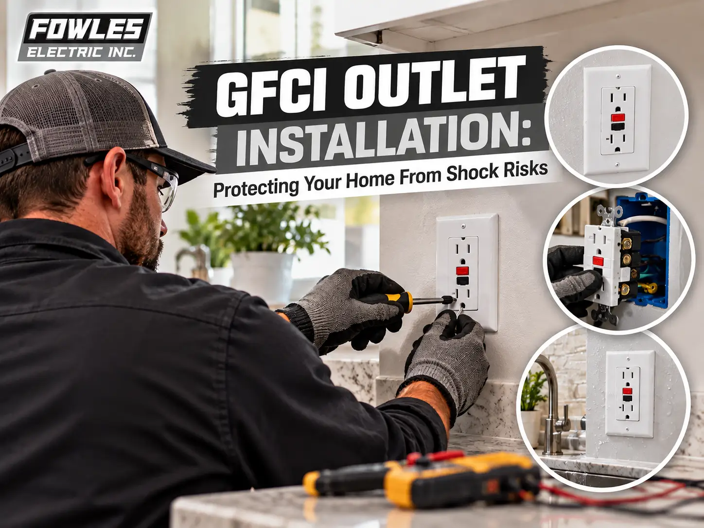 A Fowles Electric technician carefully installs a life-saving GFCI outlet in a homeowner's kitchen, with close-up insets revealing the components and wiring that protect families from electrical shock near water.
