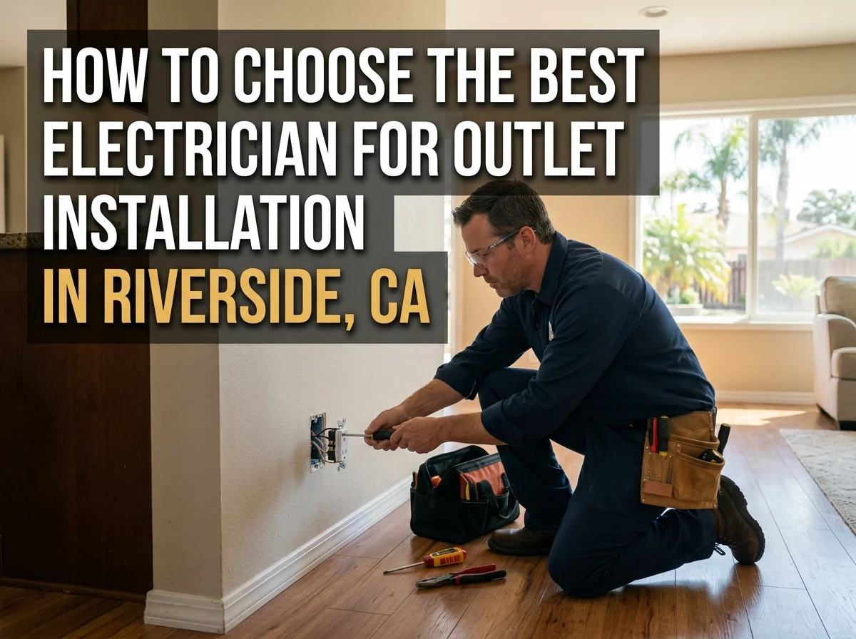 A local Riverside, CA electrician installs an outlet in a bright residential home, with palm trees visible through the window, highlighting the region's trusted electrical professionals.