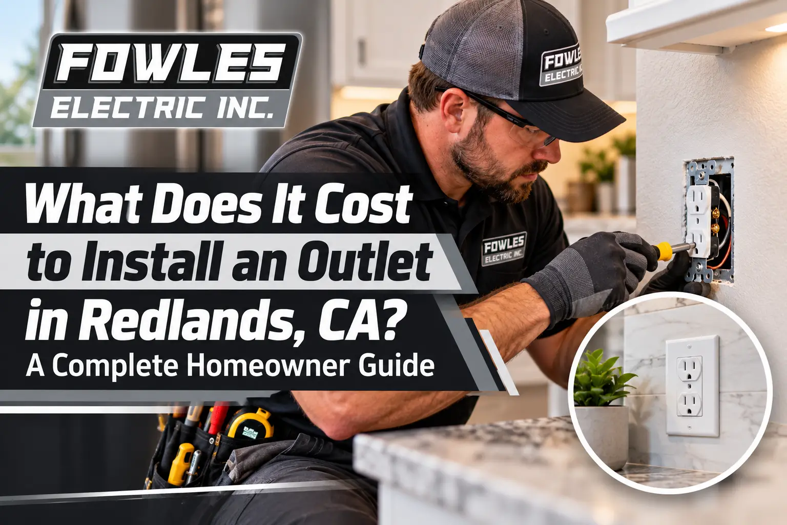 Fowles Electric Inc. electrician installing a wall outlet in a Redlands, CA kitchen, with a close-up of a finished electrical receptacle.