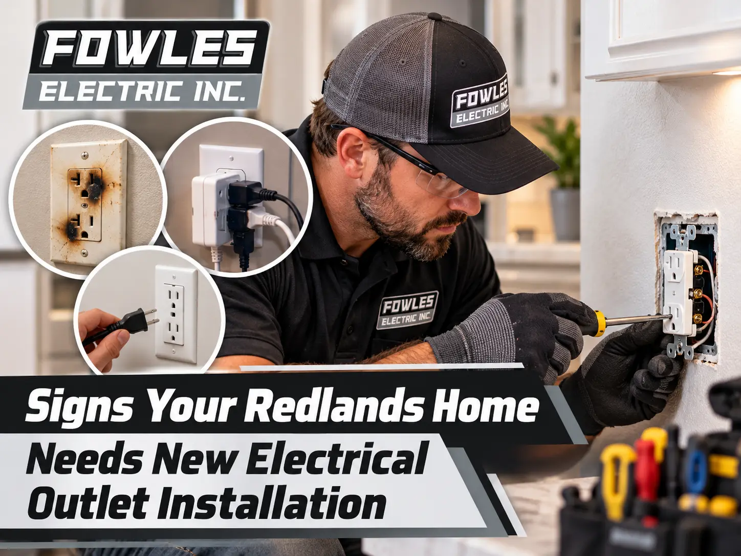 Fowles Electric Inc. electrician installing a wall outlet, with close-up views of a burnt receptacle, overloaded outlet, and electrical plug illustrating warning signs in a Redlands home.