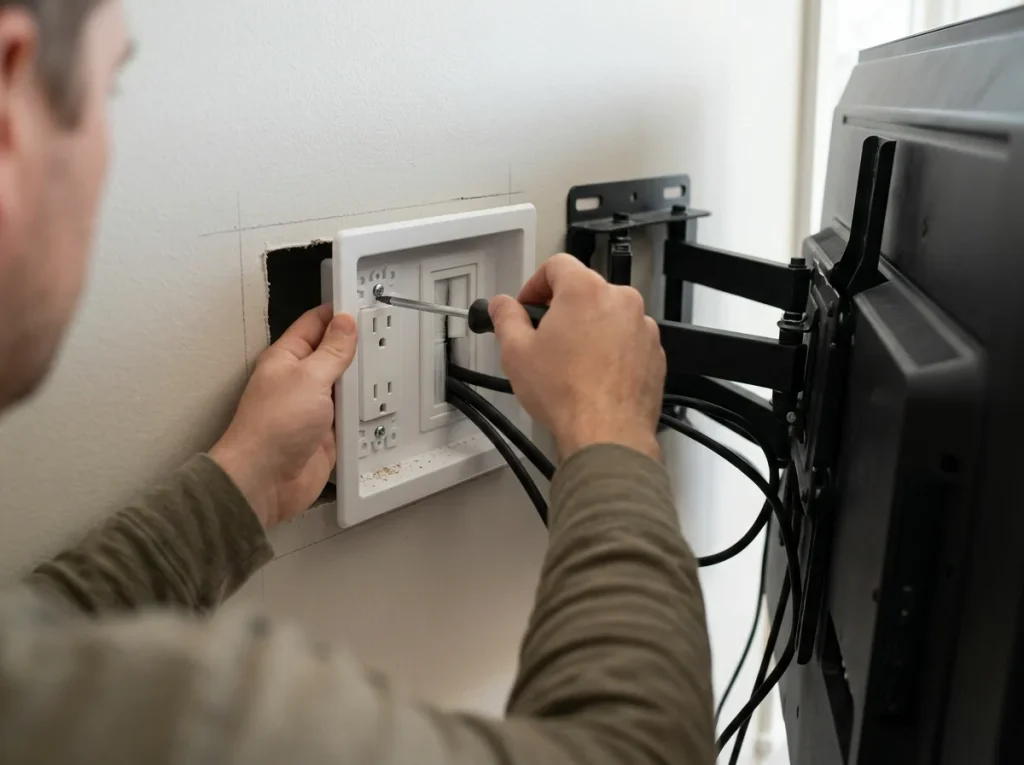 TV wall outlet installation: A close-up of a recessed media plate with power outlets and cable management ports being secured into drywall, with a flat-screen TV mounted on the wall beside it.