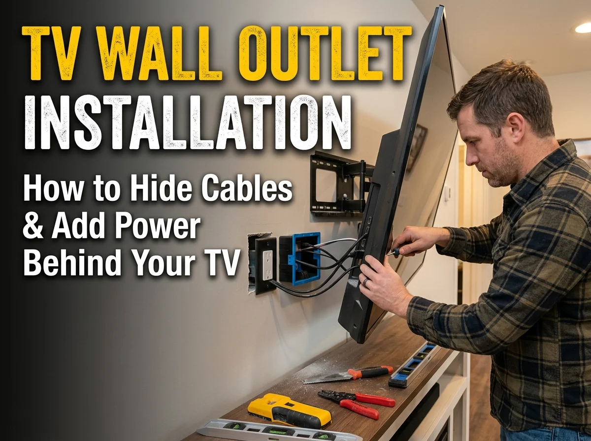 Man installing a wall-mounted TV and hiding cables through an electrical outlet box behind the screen.