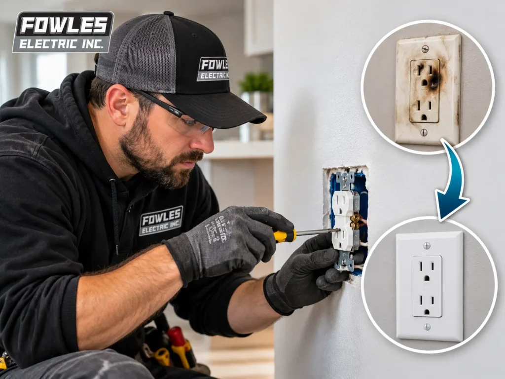 Fowles Electric Inc. electrician replacing a damaged electrical outlet, with close-up views of a burnt receptacle and a newly installed wall outlet.