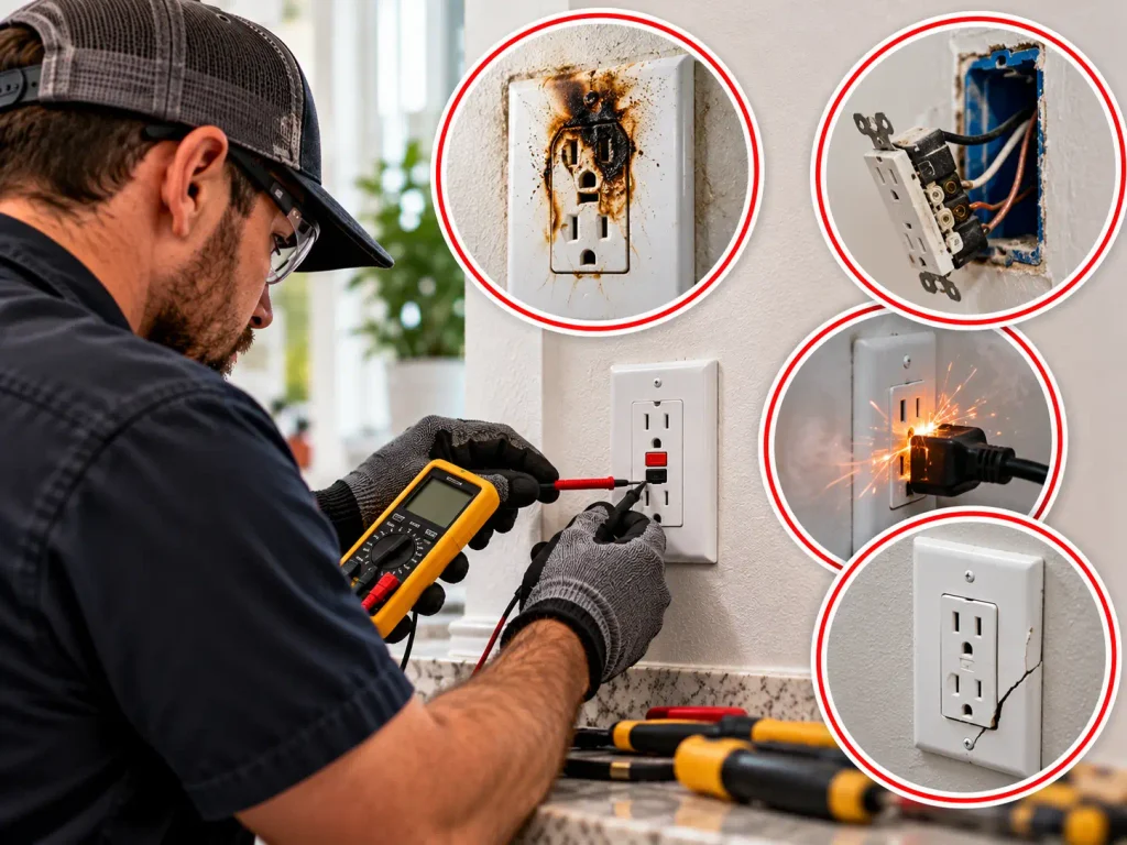 A technician performs a preventive electrical inspection with a multimeter, with inset photos showing the dangerous conditions—charred outlets, exposed wires, sparking, and cracks—that routine testing can catch before they cause a fire.