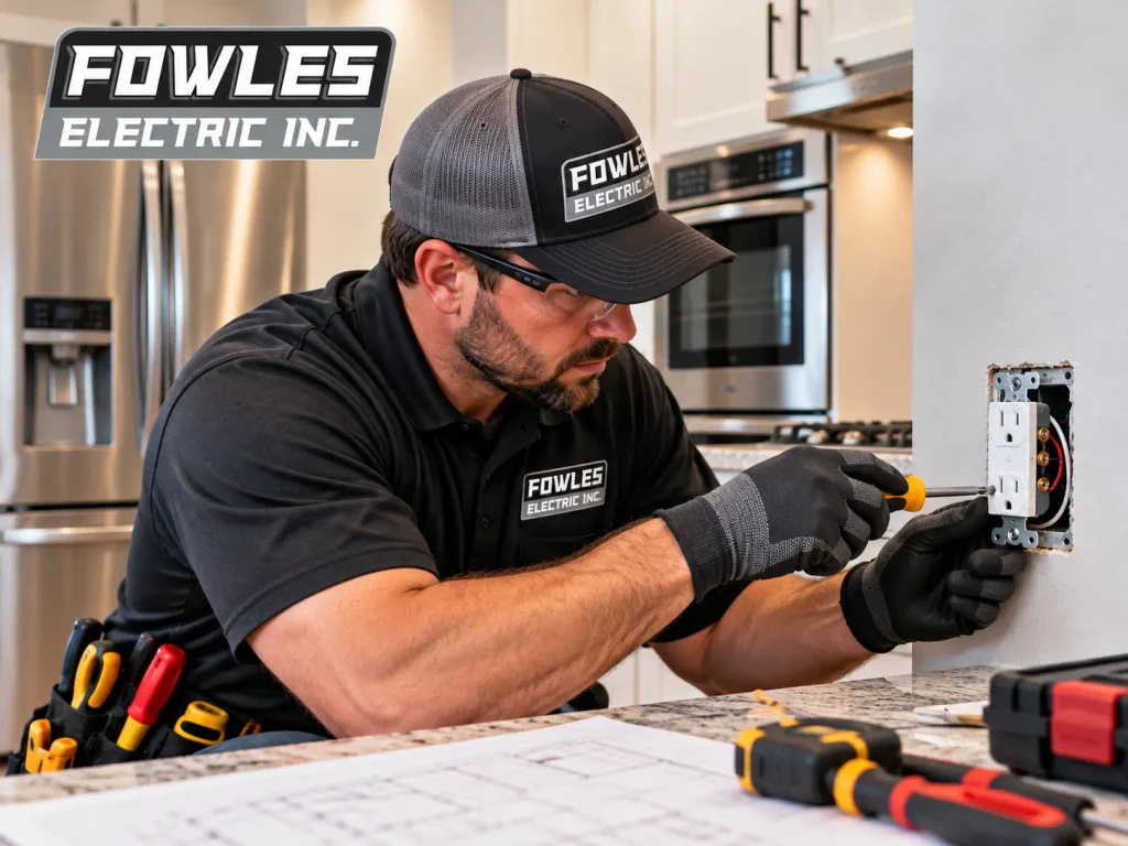 Fowles Electric Inc. electrician installing a kitchen wall outlet for new appliances or home renovations, with electrical tools on the countertop.